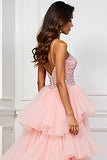 Fard à joues rose A-ligne spaghetti bretelles Tulle à volants Robe longue de bal avec appliques