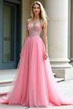 Robe de bal longue en tulle à bretelles spaghetti rose A-ligne avec perles
