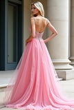 Robe de bal longue en tulle à bretelles spaghetti rose A-ligne avec perles
