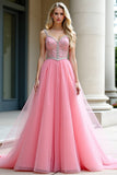 Robe de bal longue en tulle à bretelles spaghetti rose A-ligne avec perles