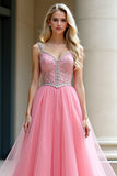 Robe de bal longue en tulle à bretelles spaghetti rose A-ligne avec perles