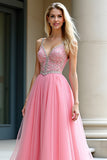 Robe de bal longue en tulle à bretelles spaghetti rose A-ligne avec perles