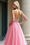 Robe de bal longue en tulle à bretelles spaghetti rose A-ligne avec perles