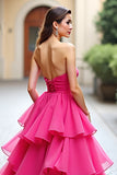 Robe longue de bal en tulle à volants trapèze vert foncé