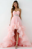 Glitter Blush Rose A-ligne Sans Bretelles Volants Haut-Bas Froncé Robe de bal avec perles