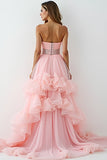 Glitter Blush Rose A-ligne Sans Bretelles Volants Haut-Bas Froncé Robe de bal avec perles