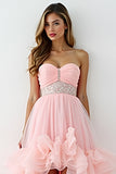 Glitter Blush Rose A-ligne Sans Bretelles Volants Haut-Bas Froncé Robe de bal avec perles