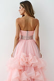 Glitter Blush Rose A-ligne Sans Bretelles Volants Haut-Bas Froncé Robe de bal avec perles