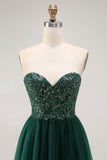Robe De Soirée longue à sequins vert foncé sans bretelles
