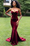 Robe de bal longue sirène simple bordeaux sans bretelles