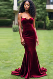 Robe de bal longue sirène simple bordeaux sans bretelles