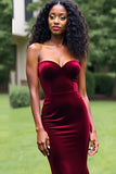 Robe de bal longue sirène simple bordeaux sans bretelles