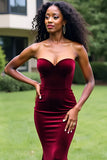 Robe de bal longue sirène simple bordeaux sans bretelles