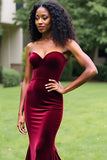Robe de bal longue sirène simple bordeaux sans bretelles