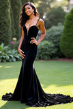 élégante sirène noire spaghetti bretelles robe longue de bal