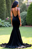 élégante sirène noire spaghetti bretelles robe longue de bal