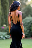 élégante sirène noire spaghetti bretelles robe longue de bal