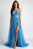 Bleu clair A ligne spaghetti bretelles robe longue de bal avec fente