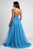 Bleu clair A ligne spaghetti bretelles robe longue de bal avec fente