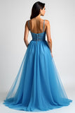 Bleu clair A ligne spaghetti bretelles robe longue de bal avec fente