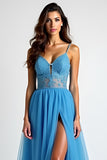 Bleu clair A ligne spaghetti bretelles robe longue de bal avec fente