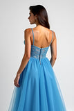 Bleu clair A ligne spaghetti bretelles robe longue de bal avec fente