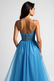 Bleu clair A ligne spaghetti bretelles robe longue de bal avec fente