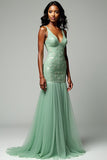 Dusty Sage Sirène Spaghetti Bretelles Dentelle Robe Longue De Bal