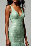 Dusty Sage Sirène Spaghetti Bretelles Dentelle Robe Longue De Bal