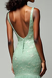 Dusty Sage Sirène Spaghetti Bretelles Dentelle Robe Longue De Bal