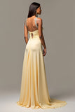 Robe de bal longue froncée à bretelles spaghetti jonquille fourreau