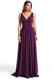 Fourreau violet col en V plissé mousseline de soie longue mère de la mariée robe