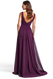 Fourreau violet col en V plissé mousseline de soie longue mère de la mariée robe