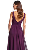 Fourreau violet col en V plissé mousseline de soie longue mère de la mariée robe