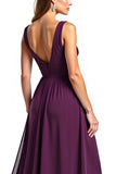 Fourreau violet col en V plissé mousseline de soie longue mère de la mariée robe