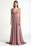 Dusty Rose A-ligne Wrap Col en V Plissé Mousseline de soie Longue Mère de la mariée Robe