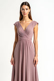Dusty Rose A-ligne Wrap Col en V Plissé Mousseline de soie Longue Mère de la mariée Robe