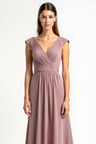 Dusty Rose A-ligne Wrap Col en V Plissé Mousseline de soie Longue Mère de la mariée Robe