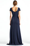 Fourreau bleu marine col carré manches courtes longue mère de la mariée robe avec noeud