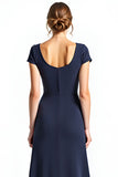 Fourreau bleu marine col carré manches courtes longue mère de la mariée robe avec noeud