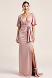 Dusty Rose V-Neck Satin Demi-Manches Robe Longue Demoiselle d’Honneur avec Fente