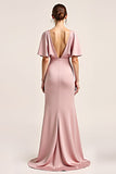 Dusty Rose V-Neck Satin Demi-Manches Robe Longue Demoiselle d’Honneur avec Fente