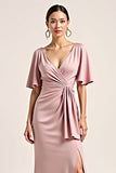 Dusty Rose V-Neck Satin Demi-Manches Robe Longue Demoiselle d’Honneur avec Fente