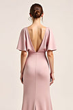 Dusty Rose V-Neck Satin Demi-Manches Robe Longue Demoiselle d’Honneur avec Fente