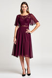 Cabernet A-ligne Scoop Volants Manches Mousseline de soie Longueur genou Mère de la mariée Robe avec dentelle