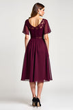 Cabernet A-ligne Scoop Volants Manches Mousseline de soie Longueur genou Mère de la mariée Robe avec dentelle
