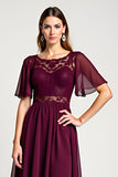 Cabernet A-ligne Scoop Volants Manches Mousseline de soie Longueur genou Mère de la mariée Robe avec dentelle