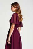 Cabernet A-ligne Scoop Volants Manches Mousseline de soie Longueur genou Mère de la mariée Robe avec dentelle