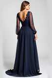 Bleu marine A-ligne col en V manches longues Mousseline de soie Robe mère de la mariée avec dentelle