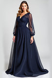 Bleu marine A-ligne col en V manches longues Mousseline de soie Robe mère de la mariée avec dentelle